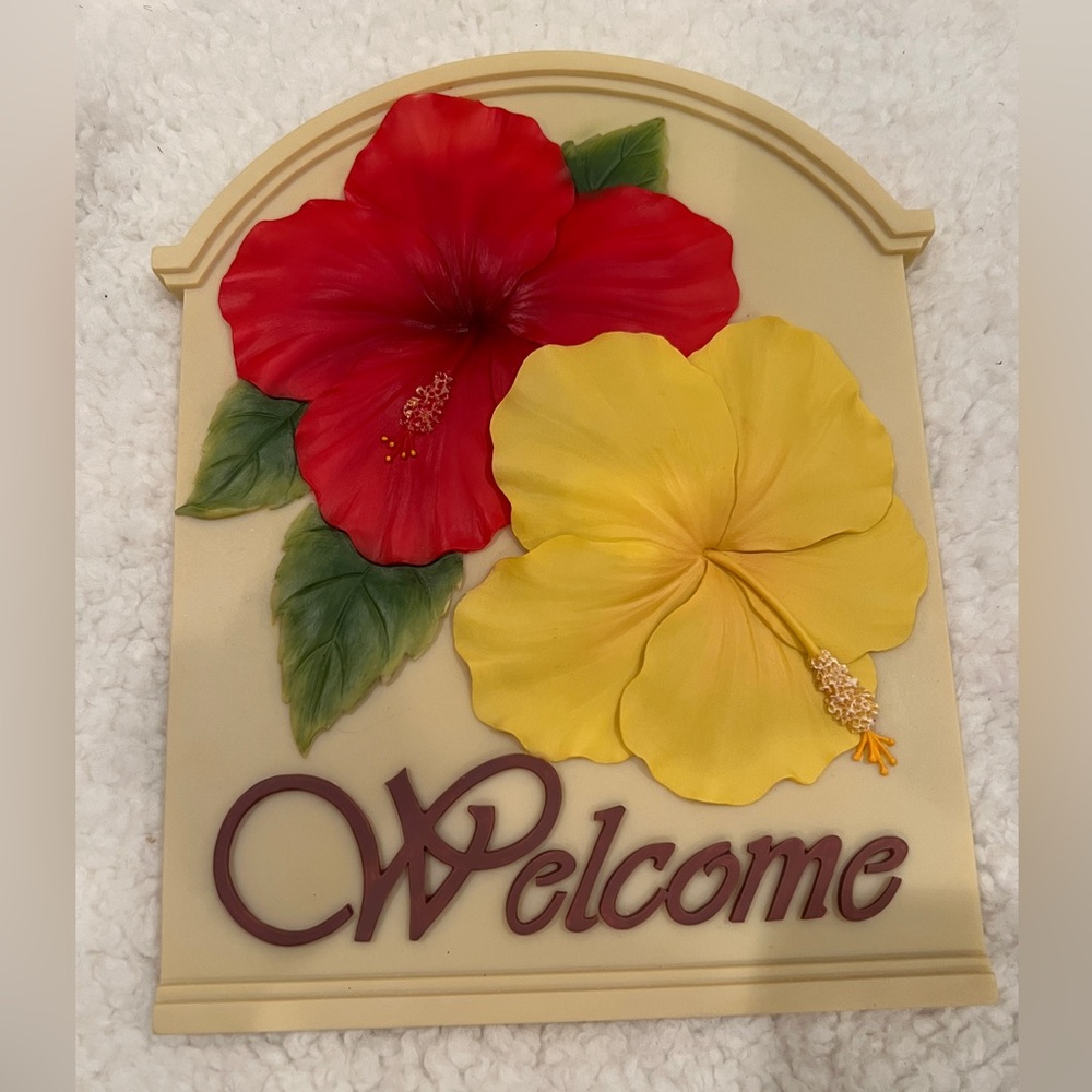 Ibis & Orchid Hibiscus Welcome Plaque Yellow & Red Marble NEW Beautiful Decor